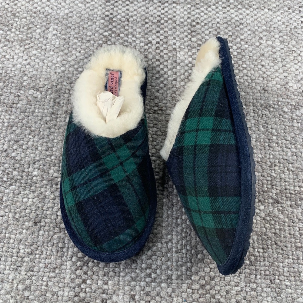 Vineyard Vines Slippers Women Black Watch Plaid Faux Fur Scuff Mule